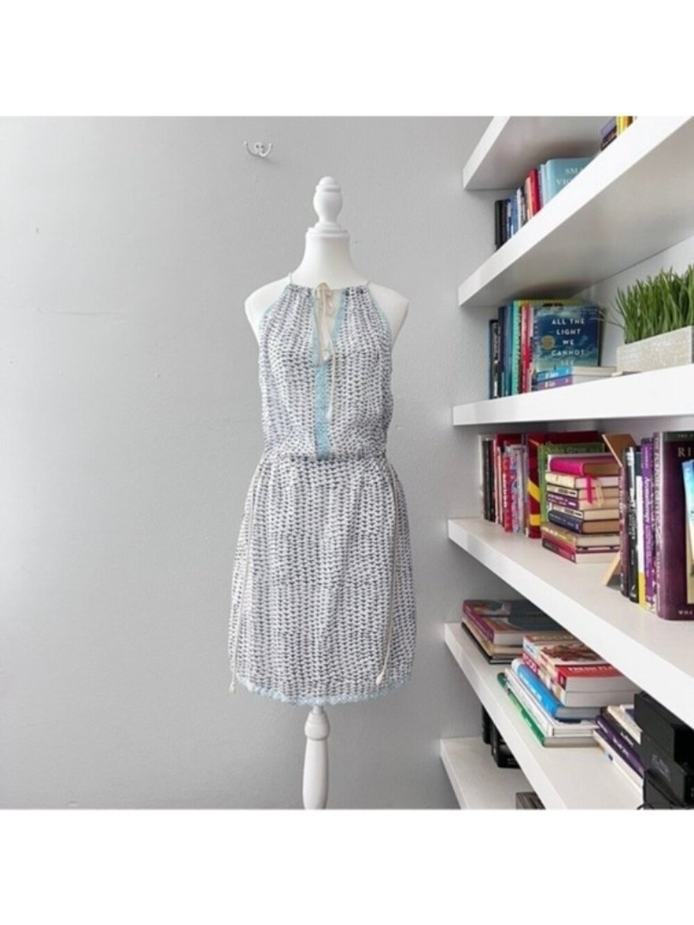 Roberta Roller Rabbit White Blue Block Print Halter Neck Cotton Dress Large